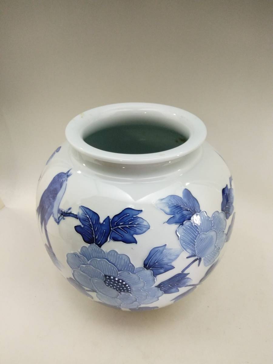 0716-0004 中古★平安瑞光 壺 花鳥図 牡丹 雀 染付 花器 花瓶 花入 花生 陶器 陶磁製 陶芸 伝統工芸 骨董 高さ約21cm拍卖
