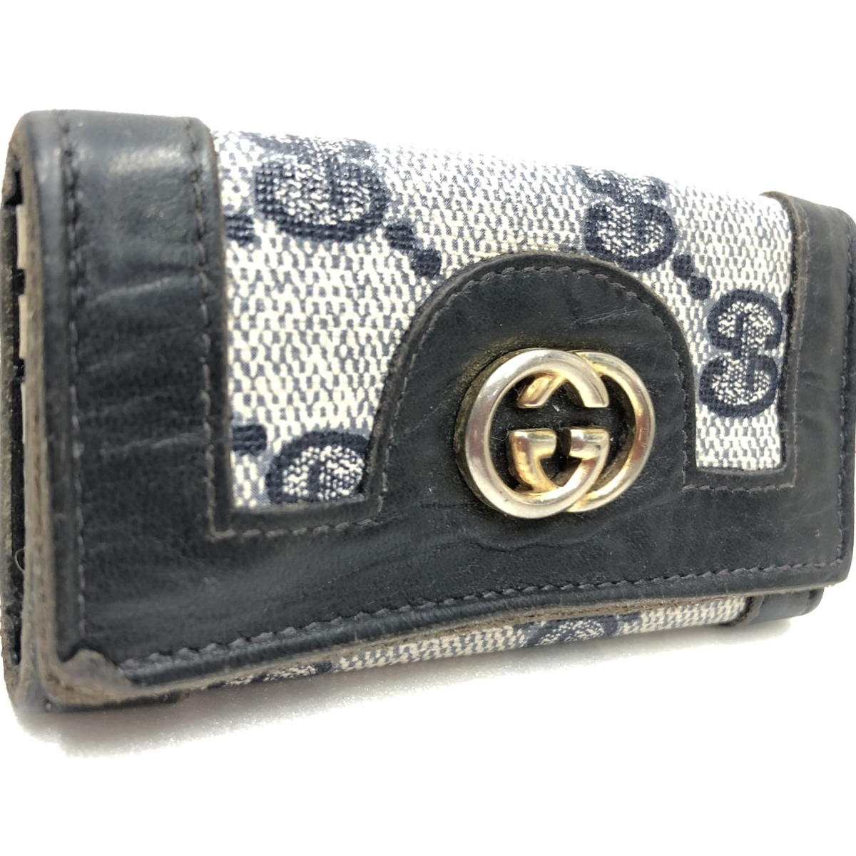 ●【本物】GUCCI オールドグッチ 4連キーケース PVC×レザー ヴィンテージ ネイビー系 /T02000拍卖