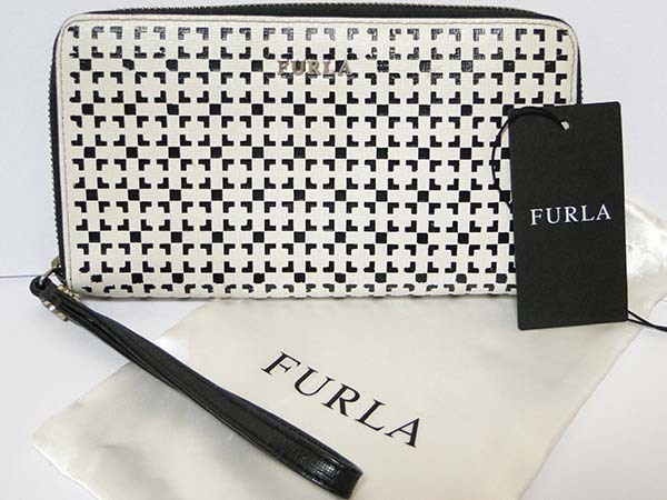 ●本物 FURLA フルラ レザー ラウンドファスナー長財布 白×黒 ホワイト×ブラック拍卖