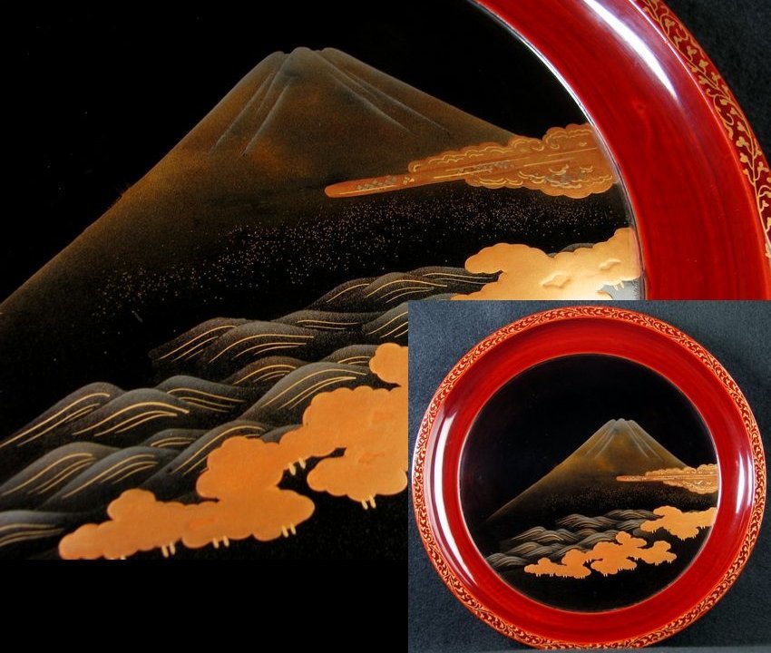 時代 蒔絵の丸盆 No4 研ぎ出し蒔絵 富士・樹海の図 幅:25cm ※複数枚有/22f036拍卖