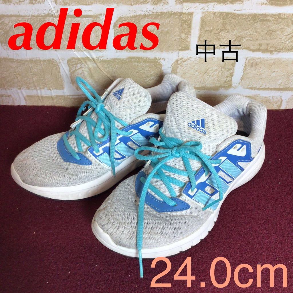【売り切り!送料無料!】A-201 adidas!ランニングスニーカー!白!水色!24.0cm!ウォーキング!トレーニング!汚れあり!中古!拍卖