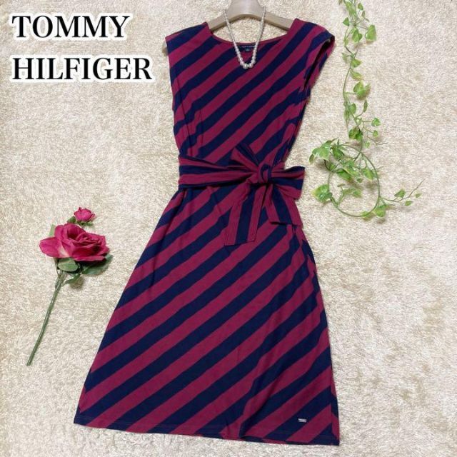 洗えるトミーヒルフィガー ストレッチ ワンピース 斜めストライプ りぼん TOMMY HILFIGER レディース 実寸S~Mサイズ相当拍卖