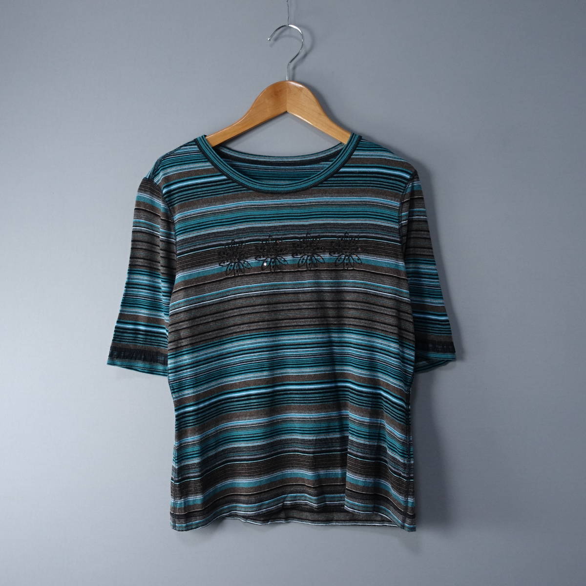 Leilian/レリアン/9/日本製/半袖/Tシャツ/ボーダーカットソー/グリーン×ブラウン/緑×茶/レディースMサイズ相当拍卖