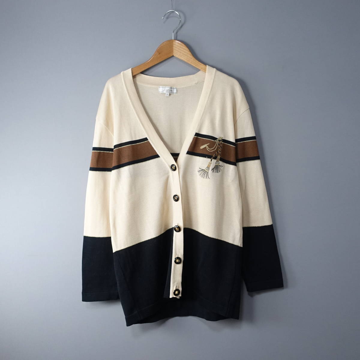 Leilian/レリアン/9/日本製カーディガン/ベージュ×ブラック×ブラウン/レディースMサイズ相当拍卖