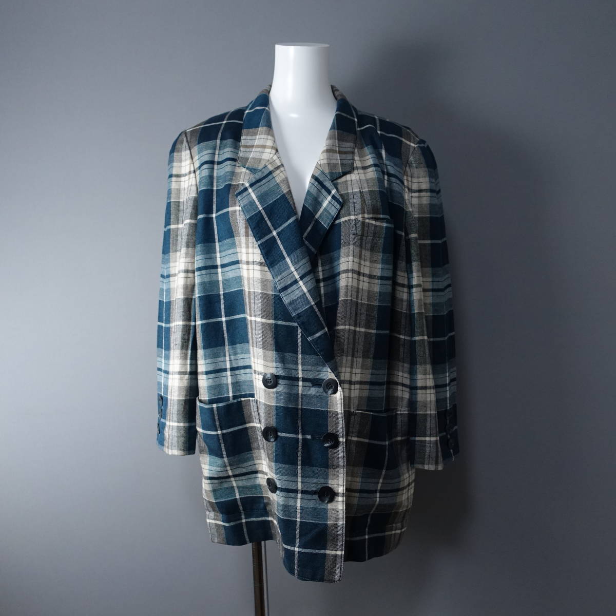 Leilian/レリアン/9/リネン混/EMMERICH&EGER/チェック柄ジャケット/グリーン×ブラウン/緑×茶/レディースMサイズ相当/肩パッド拍卖