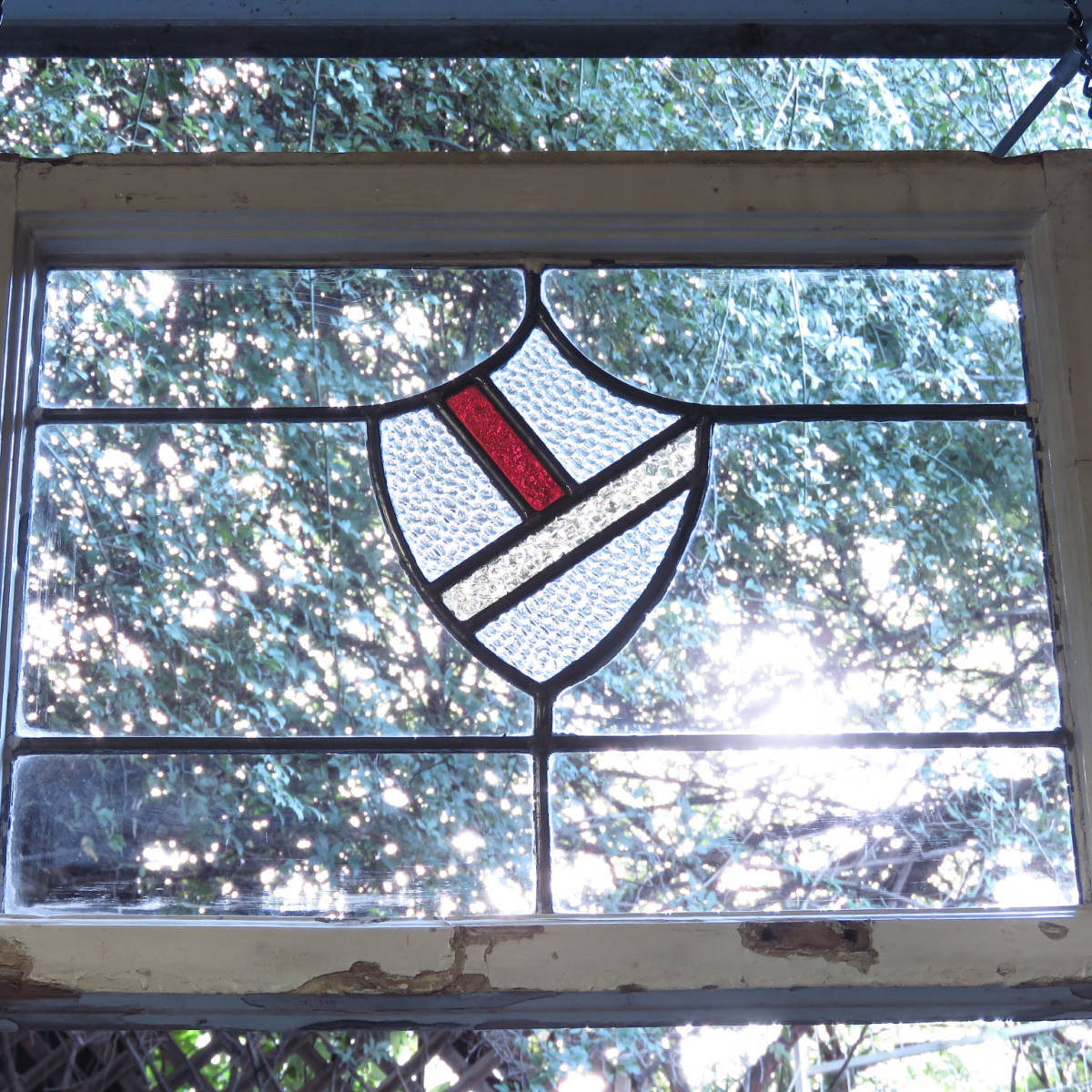 イギリスの古いステンドグラス(紋章/透過)窓枠/飾り窓/ドア/店舗什器/ディスプレイ/インテリア雑貨/内装/建材/建具/新築/リフォーム/J-0135拍卖
