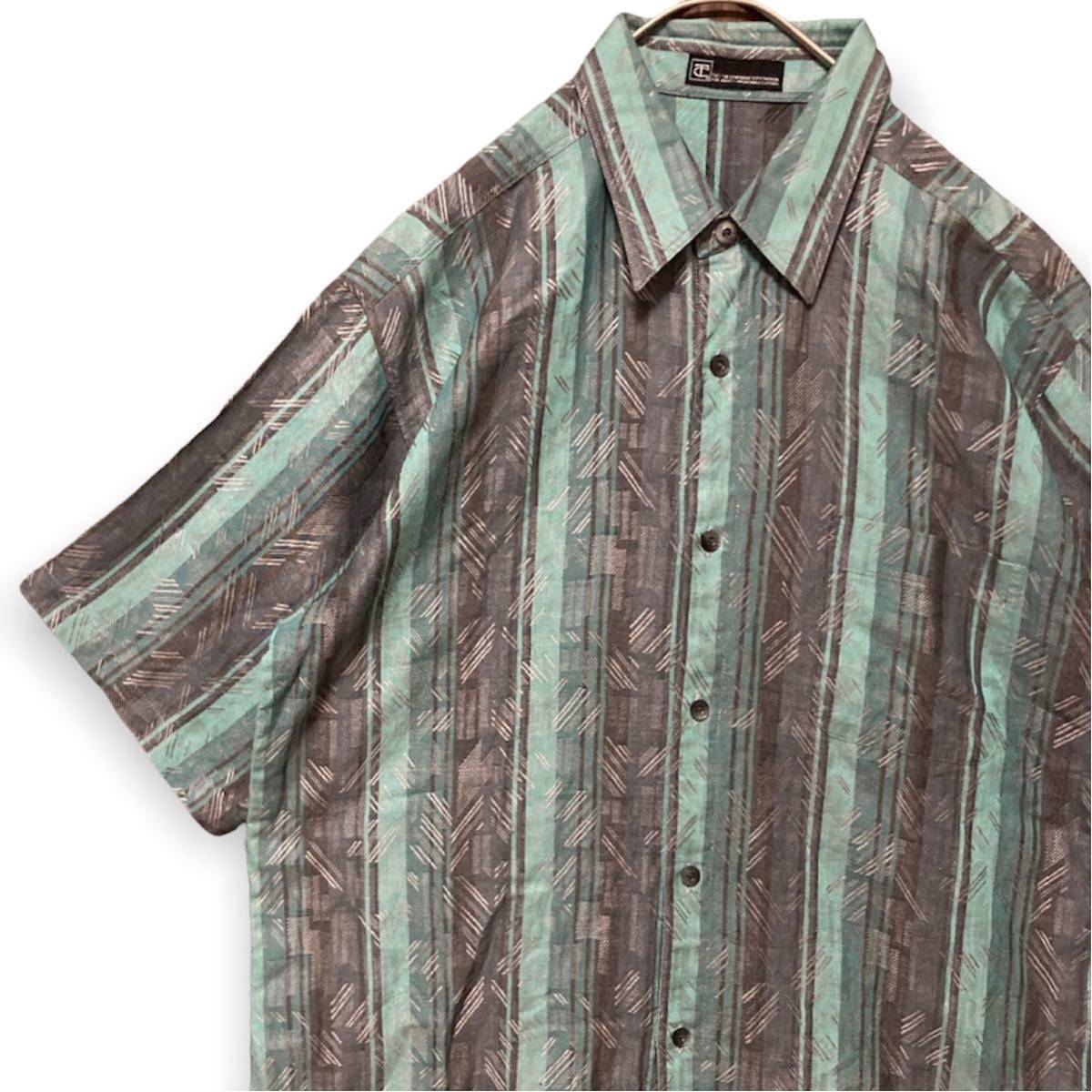 古着 T&C 緑 ストライプ 半袖 綿麻 総柄シャツ Lサイズ ユニセックス拍卖