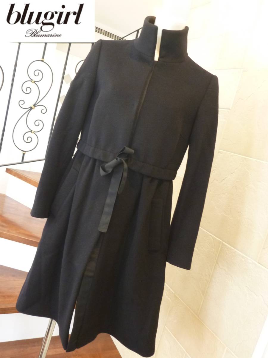 15万 美品 Blugirl(ブルーガール)★ブルマリン 黒 ブラック ハンガー付き ロングコート 40拍卖