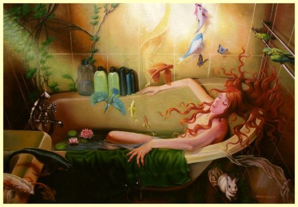 ☆☆☆☆油彩画 幸せなバスタブの眠り 「夢の中へ」 BJ拍卖