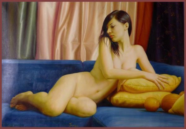 ☆油彩画 優美な曲線美 「ソファーに持たれる女」      GG拍卖