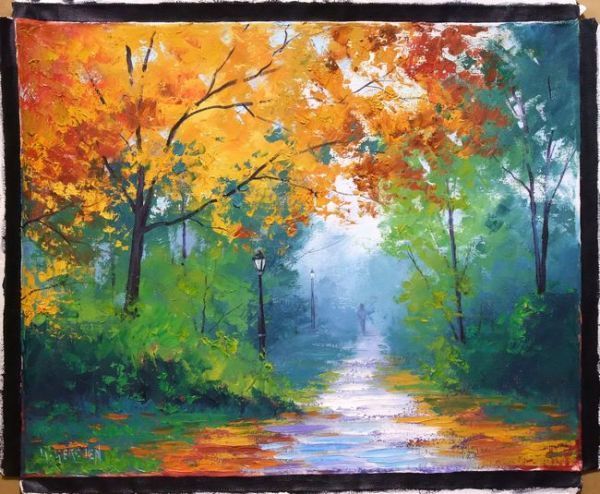 ☆☆☆油彩画 秋雨の紅葉 「秋の散歩」    BY拍卖