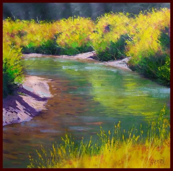 ☆☆☆☆油彩画 麗らかな光の中のせせらぎ 「晴天の流れ」    AEα拍卖