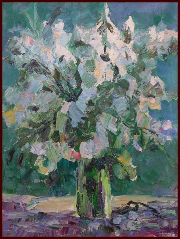 ☆☆☆油彩画 溢れる生命感 「緑の花瓶の白い花」     FF拍卖