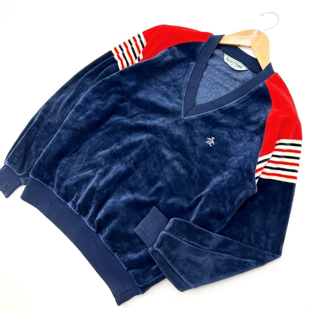 マンシングウェア グランドスラム ☆ Munsingwear ☆ 上質 Vネック ベロア トレーナー ネイビー レッド M デザインお洒落♪ ゴルフ■AA156拍卖