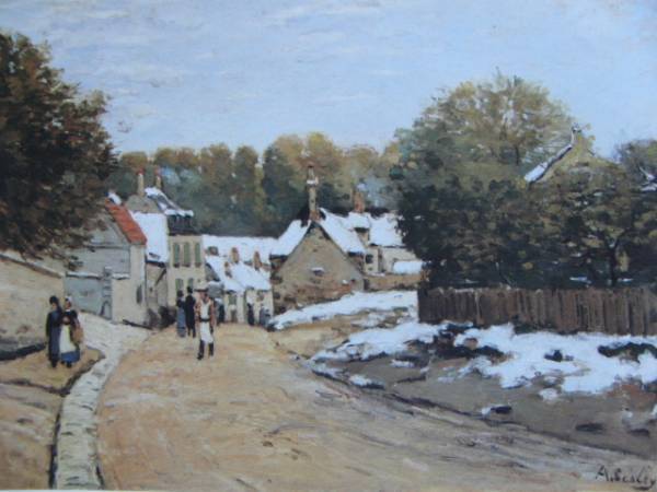 アルフレッド・シスレー、【ルーヴシエンヌの初雪】、希少な額装用画集より、状態良好、新品額装付、Alfred Sisley拍卖