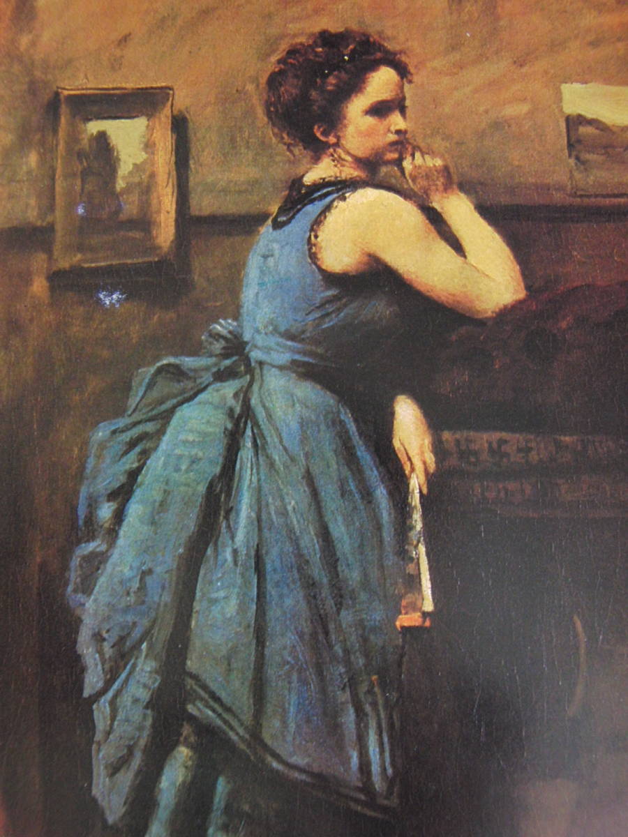 ジャン=バティスト・カミーユ・コロー、【青衣の婦人】、希少な額装用画集より、状態良好、新品額装付、Camille Corot拍卖