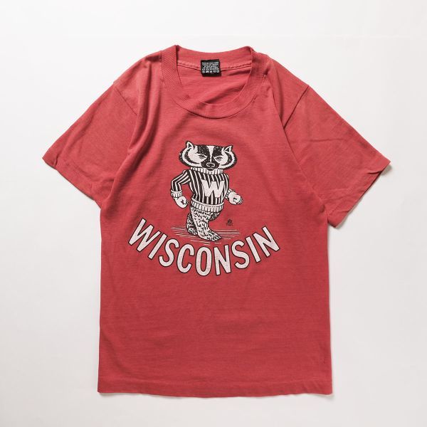 80's USA製 ウィスコンシン カレッジ 両面プリント Tシャツ 赤 (S) 半袖 バッキー君 アメリカ製 旧タグ オールド スクリーンスターズ拍卖