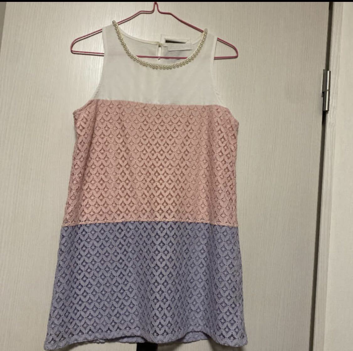 チュニック ピンク ラベンダー パープル レース パール ホワイト トップス ノースリーブ拍卖