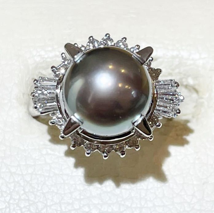 ☆Pt900 ブラックパール10mm&ダイヤリング☆拍卖