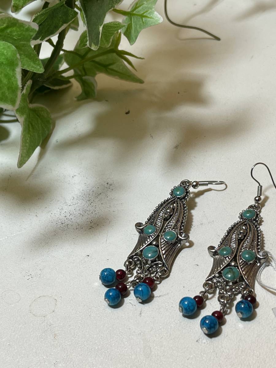 55★揺れるフックピアス ターコイズ トルコ 石 夏使用■ 未使用拍卖