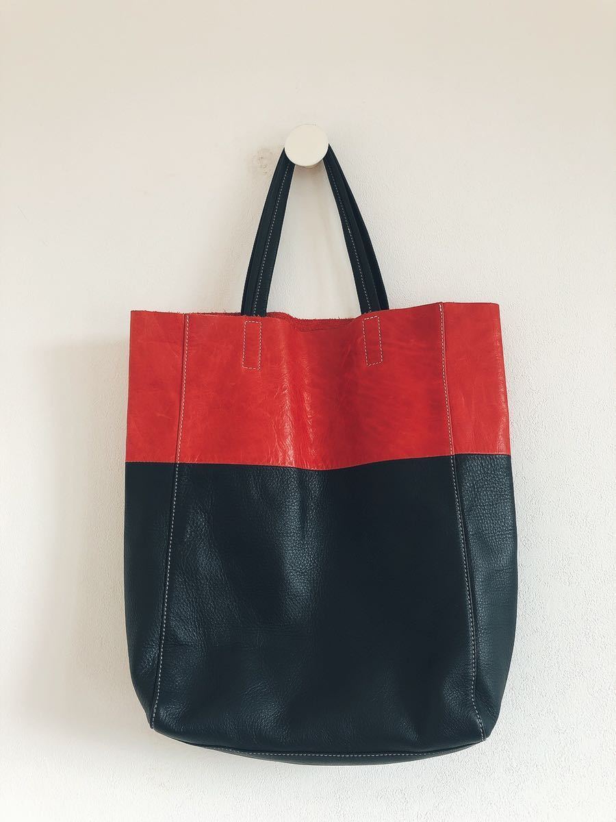 美品 バイカラー ネイビー&レッド レザー 革 トートバック拍卖