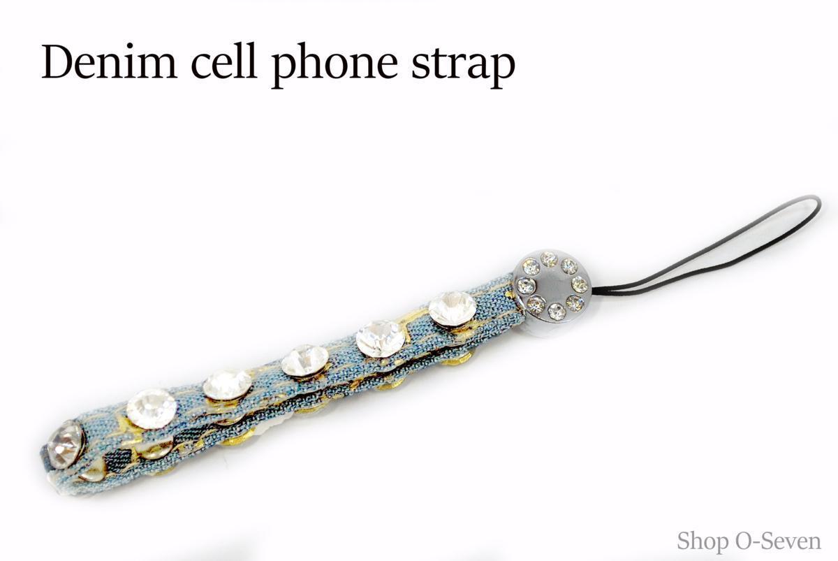 ■ 千円~ 送料無料 ★ お洒落な デニム & ラインストーン 付 携帯 ストラップ (1)拍卖