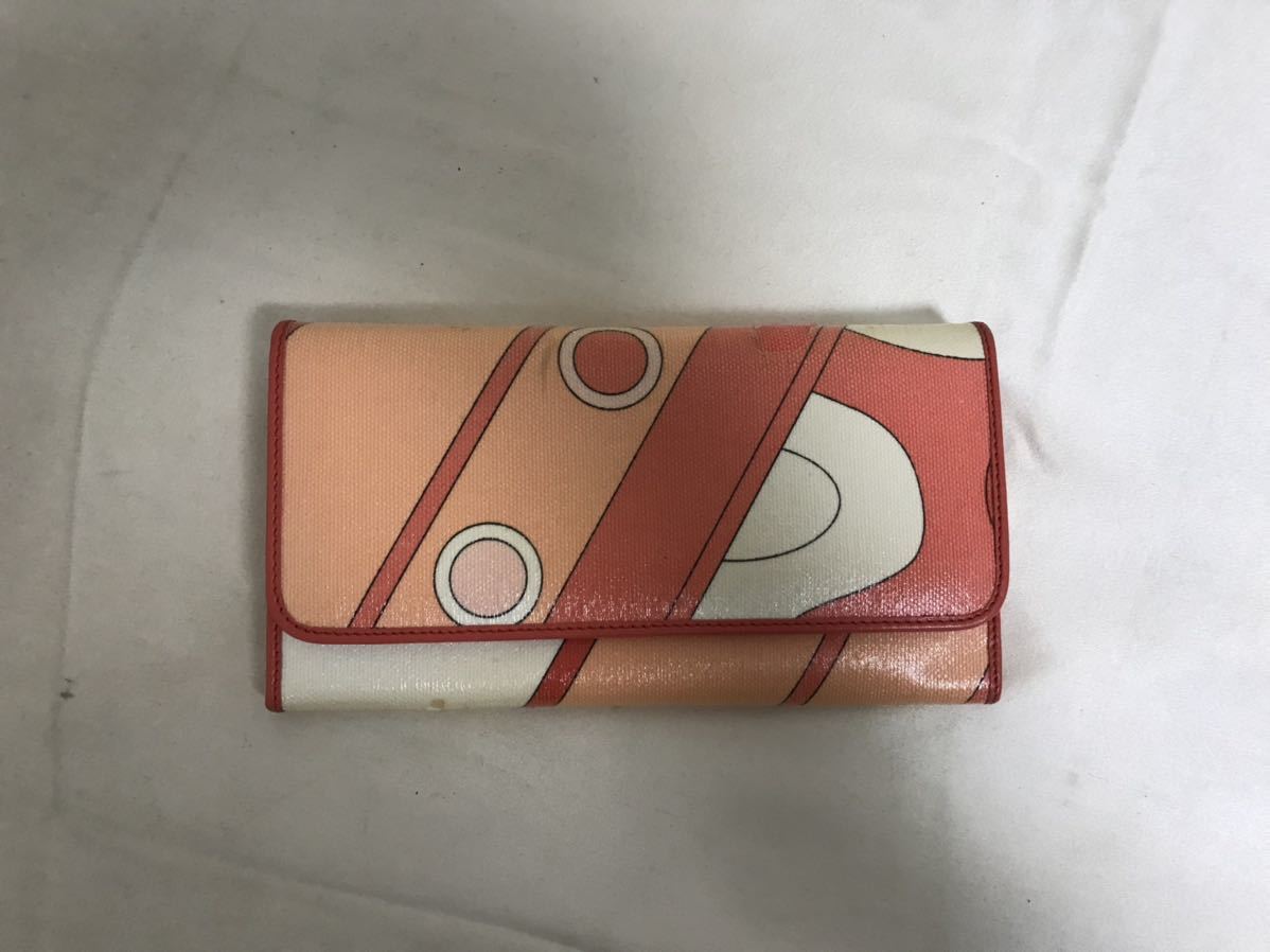 本物エミリオプッチEMILIOPUCCI本革レザーコーティングキャンバス二つ折り長財布サイフ札入れピンク柄ビジネスレディースイタリア製拍卖