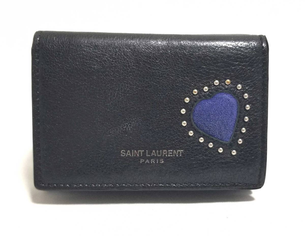 サンローランパリ 財布 レザー 3つ折り タイニーウォレット ハート スタッズ ブラック ブルー ミニ財布 SAINT LAURENT PARIS拍卖