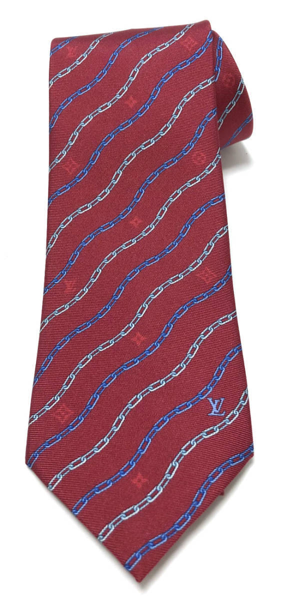 未使用 ルイヴィトン ネクタイ M75977 クラヴァット ウェイビーチェーン 7CM ルージュ ボルドー系 ブルー系 シルク100% メンズ 紳士用拍卖