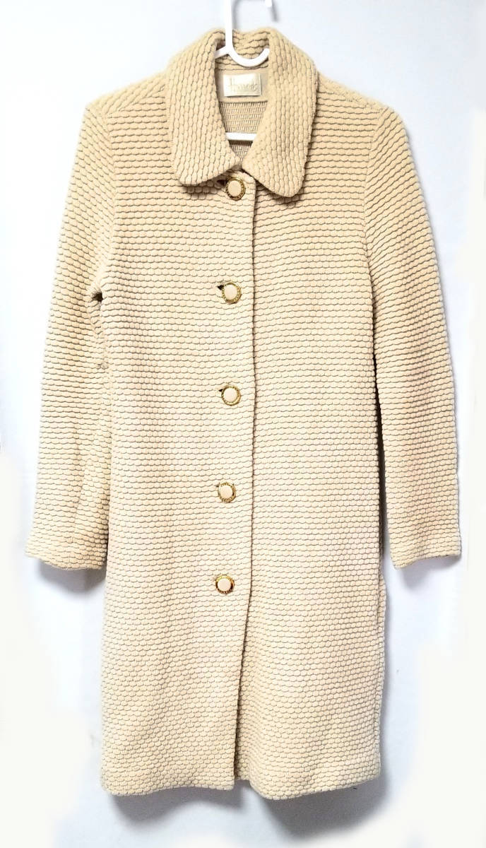 美品 ハロッズ コート ニットコート 秋薄手 ベージュ 金ボタン ロゴ ボタン レディース HARRODS ニット拍卖