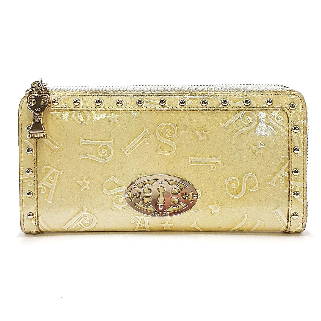送料無料 アナスイ ANNA SUI 長財布 ラウンドファスナー ラウンドジップ L字ファスナー スタッズ ラメ クリーム系 レディース拍卖