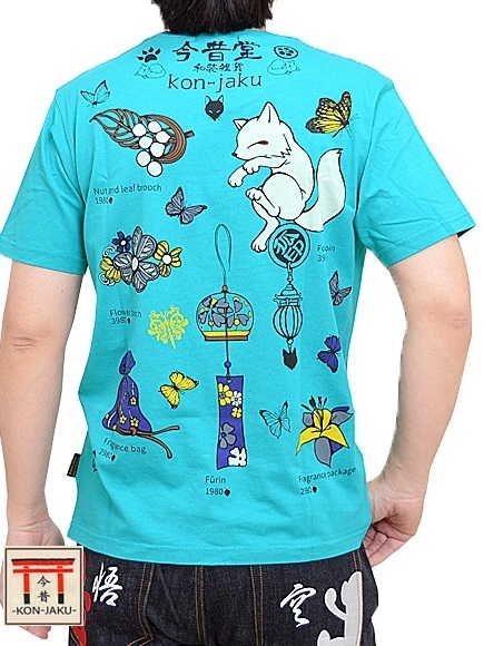 和装雑貨今昔堂半袖Tシャツ◆今昔 エメラルドグリーンXLサイズ KJT-29031 和柄 和風 きつね 狐 キツネ 刺繍 今昔 こんじゃく 髪飾り 風鈴拍卖