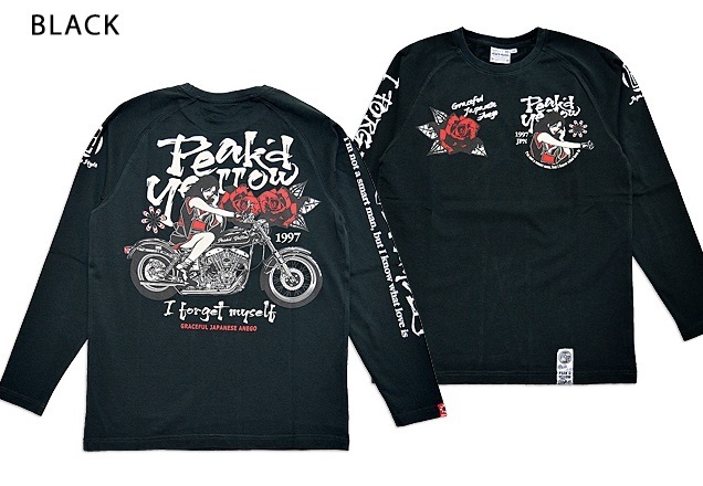 BIKEロングTシャツ◆Peak'd Yellow ブラックMサイズ PYLT-228 ピークドイエロー エフ商会 和柄 和風 着物 バイカー 長袖Tシャツ拍卖
