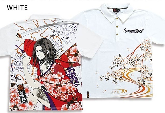 抜刀娘 葵ポロシャツ◆抜刀娘 ホワイトMサイズ 222012 和柄 和風 着物 花魁 桜 さくら サクラ 刺繍拍卖