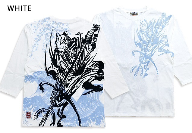 侍髑髏七分袖Tシャツ◆絡繰魂 ホワイトXLサイズ 221082 和柄 和風 刺繍 半端袖 狐 キツネ お面 七部拍卖