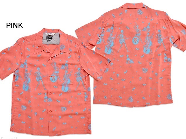 半袖アロハシャツ「THE SKELETONES by VINCE RAY」◆スターオブハリウッド ピンクMサイズ SH38622 ドクロ 骸骨 スカル 日本製 東洋拍卖