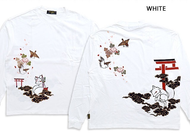 姫と鳥居で待ち合わせビッグロングTシャツ◆今昔 ホワイトXLサイズ KJ-21018 和柄 和風 刺繍 キツネ きつね 長袖Tシャツ ロンT ゆったりめ拍卖