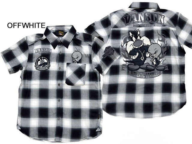 ◆SALE 16280円→12980円◆vanson×LOONEY TUNESコラボ チェック半袖シャツ◆vanson オフホワイトMサイズ LTV-2010 バンソン ヴァンソン拍卖