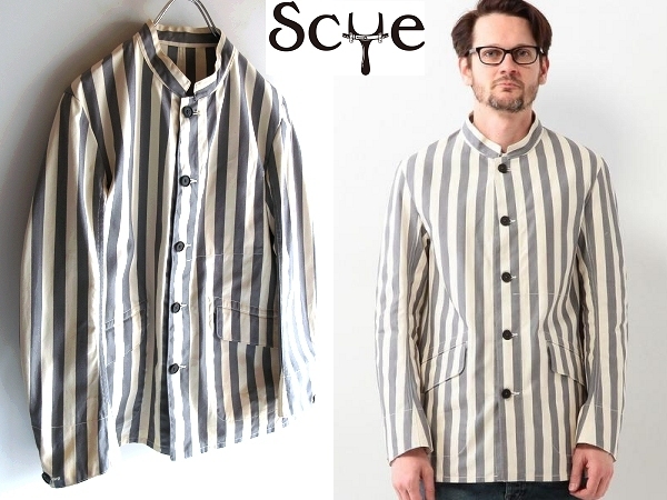美品 定価49500円 Scye サイ 高密度オックス ストライプ ワークジャケット バンドカラー/マオカラー カバーオール 38 グレー オフホワイト拍卖