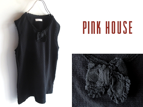 ネコポス可 PINK HOUSE ピンクハウス 穴開きドット レース リボン ストレッチコットン ノースリーブ タンクトップ キャミソール L ブラック拍卖