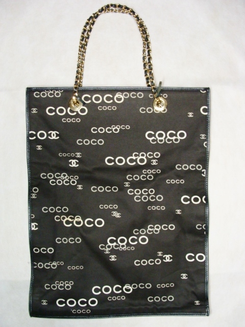 CHANEL シャネル ◇ coco ロゴ マーク プリント 柄 レザー コットン メタル チェーン トート バッグ 鞄拍卖