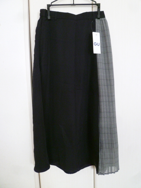 【新品】GU/ジーユー□黒チェック柄コンビネーションプリーツスカートMW62-68/サイドプリーツ異素材ロングブラック□SK66拍卖