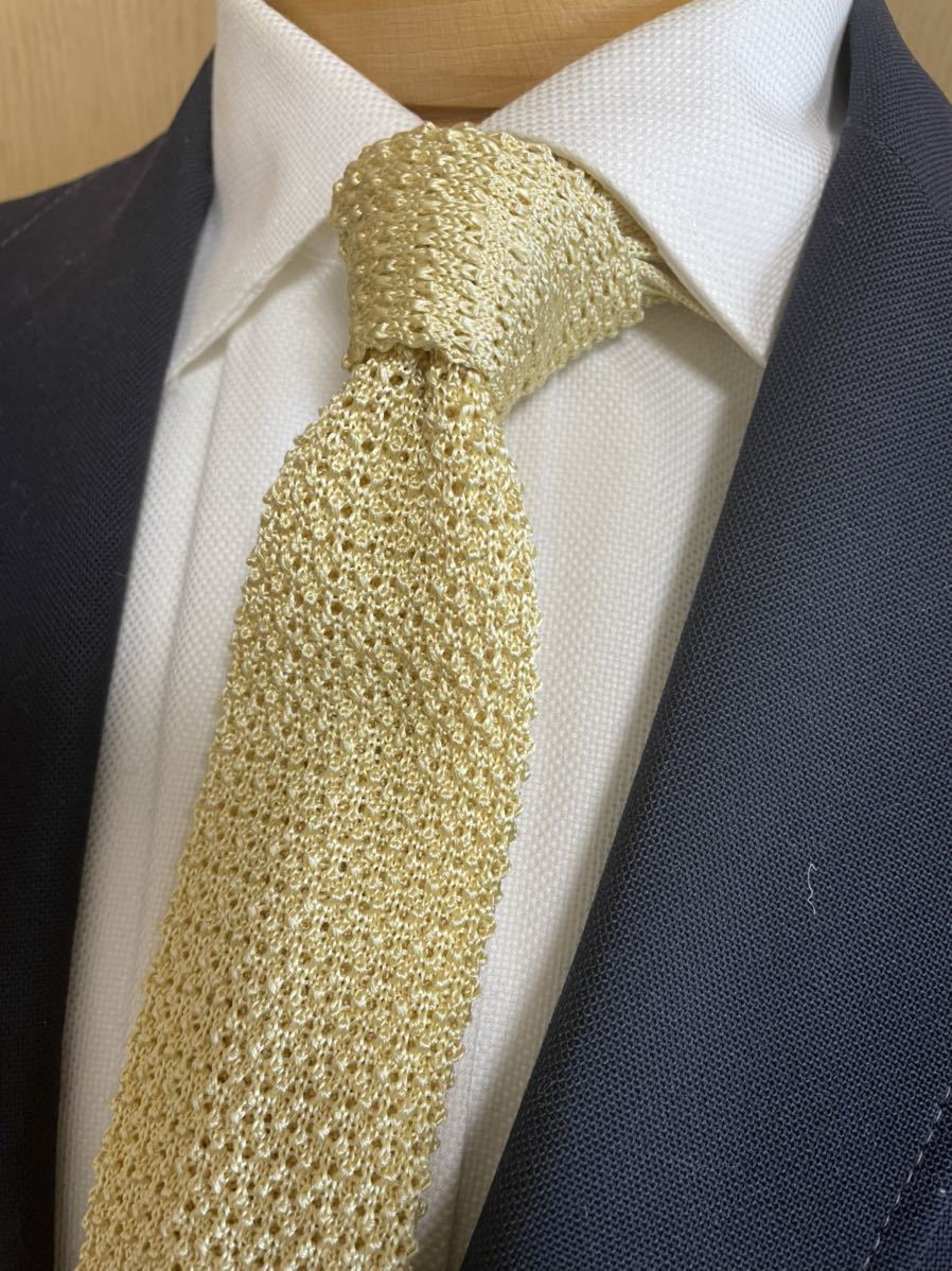 【美品】フェアファクス イタリア製シルクニットタイ ネクタイ大剣約5.5cm クリームイエロー FAIRFAX拍卖