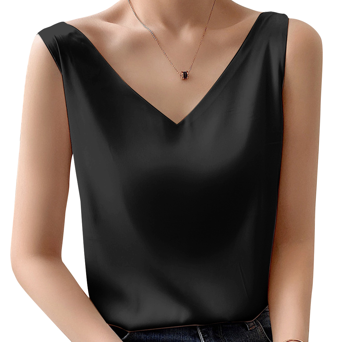 キャミソールベスト インナー Vネック カジュアル キレイめ 夏 春夏 光沢感 シンプル 無地 3XLサイズ ブラッ拍卖