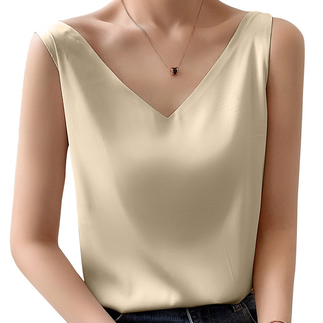 キャミソールベスト インナー Vネック カジュアル キレイめ 夏 春夏 光沢感 シンプル 無地 3XLサイズ クリー拍卖