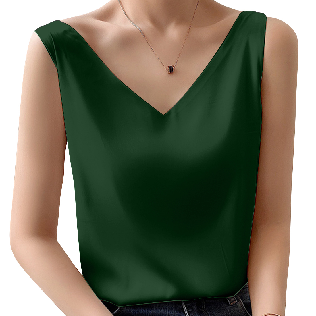 キャミソールベスト インナー Vネック カジュアル キレイめ 夏 春夏 光沢感 シンプル 無地 2XLサイズ グリー拍卖