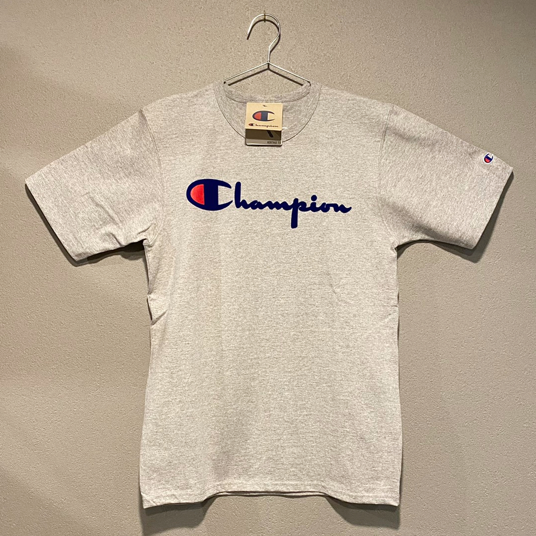 【並行輸入品】Champion ショートスリーブTシャツ サイズXL HERITAGE TEE FLOCK LOGO ヘリテージ ベロアロゴ グレー OXFORD GRAY 灰色 半袖拍卖