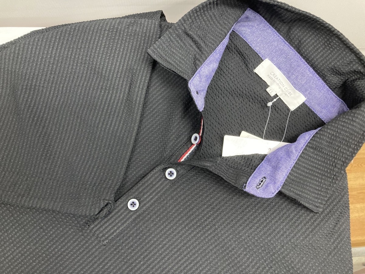 ★送料割引!ポロシャツ ゴルフシャツ ストレッチ ドライ系サッカーストライプ 吸汗即乾 LL 黒2 CREATION CUBE★未使用格安!拍卖