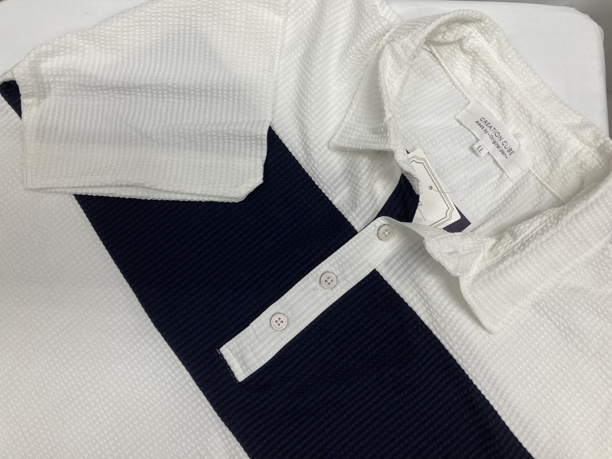★送料割引!ポロシャツ ゴルフシャツ 胸パネル サッカーストライプ ストレッチ ドライ系 M 白紺 CREATION CUBE★未使用格安!拍卖