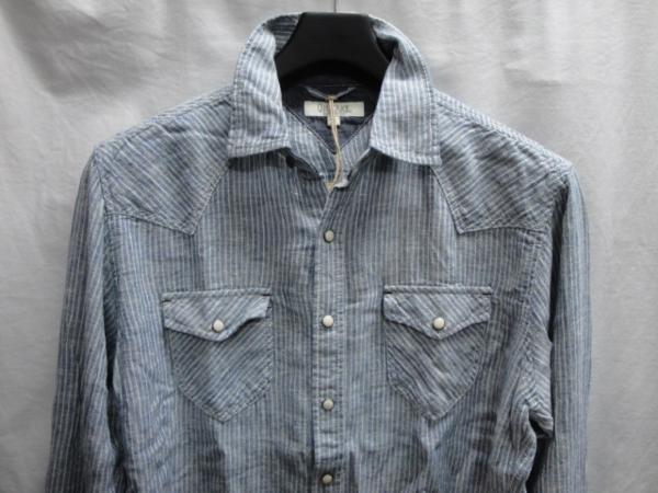 ★送料割引!長袖シャツ ウエスタンシャツ ストライプ 平織麻混布 Lサイズ 青 OIL CAKE★未使用格安!拍卖